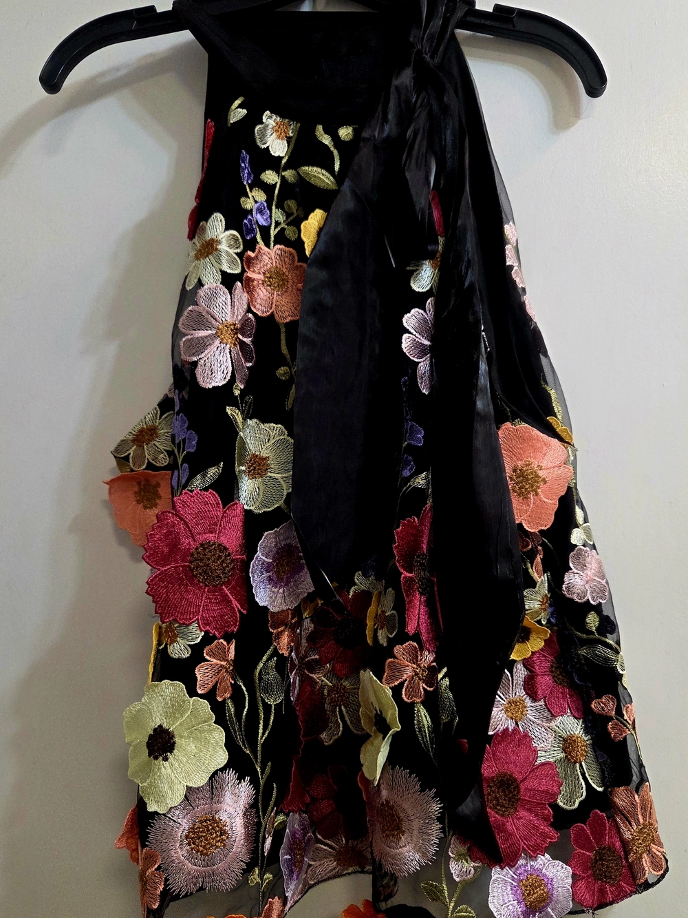Black Halter Top with Multicolor Floral Embroidery